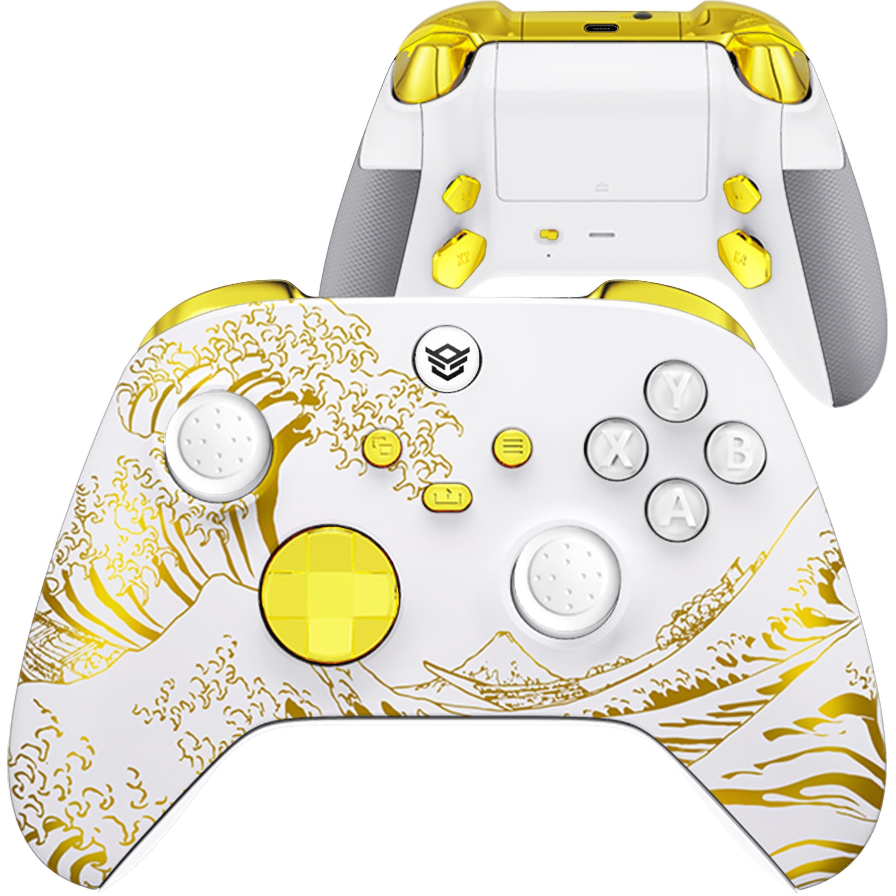 HEXGAMING ADVANCE Controller with FlashShot for XBOX, PC, Mobile - White Golden Waves ABXY Labeled